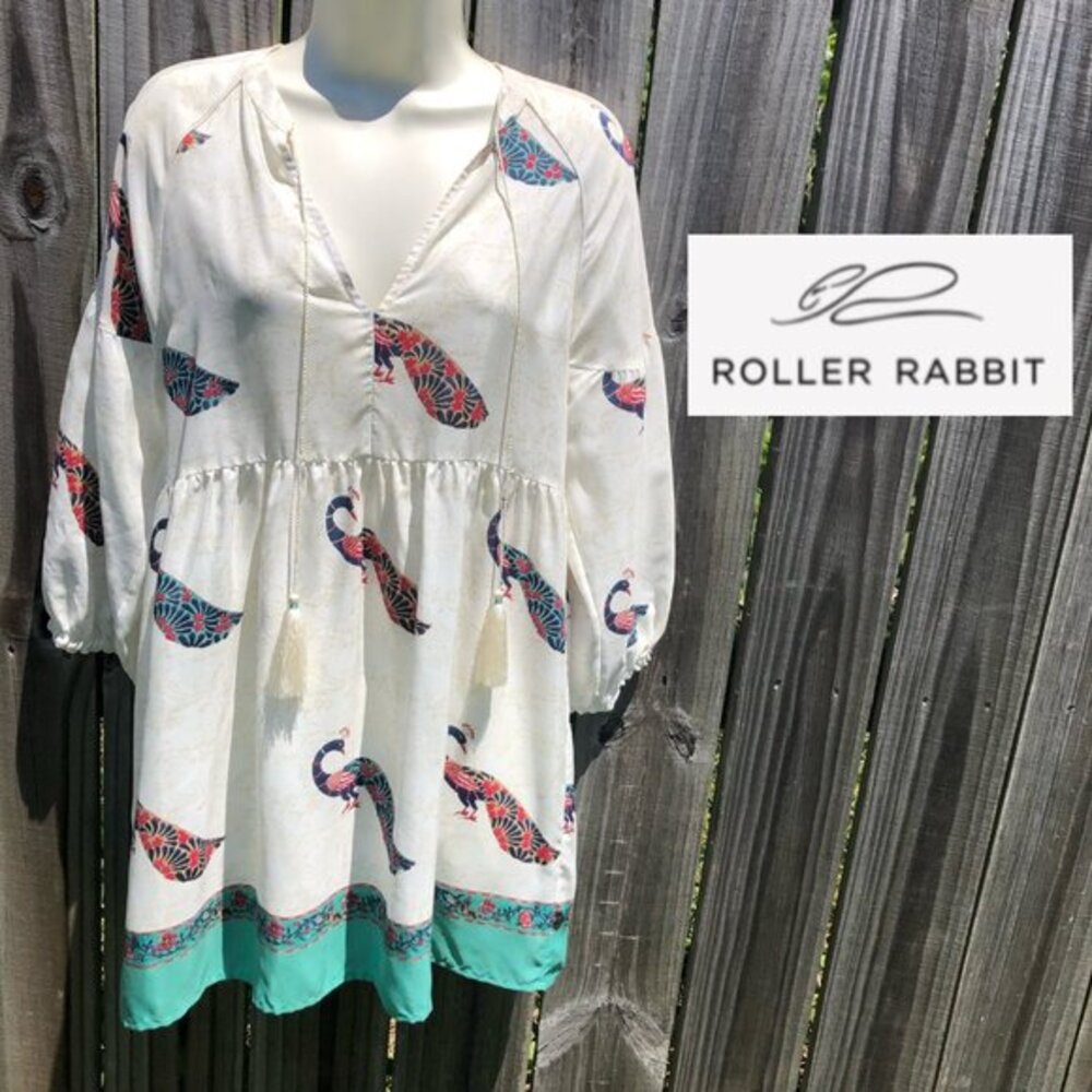Roller Rabbit Small Silk Blouse Top Shirt Peacock Tassel V Neck Roberta Tunic